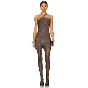 ANDREADAMO Full Strass Mono Shoulder Mini Dress in Brown Large New Womens
